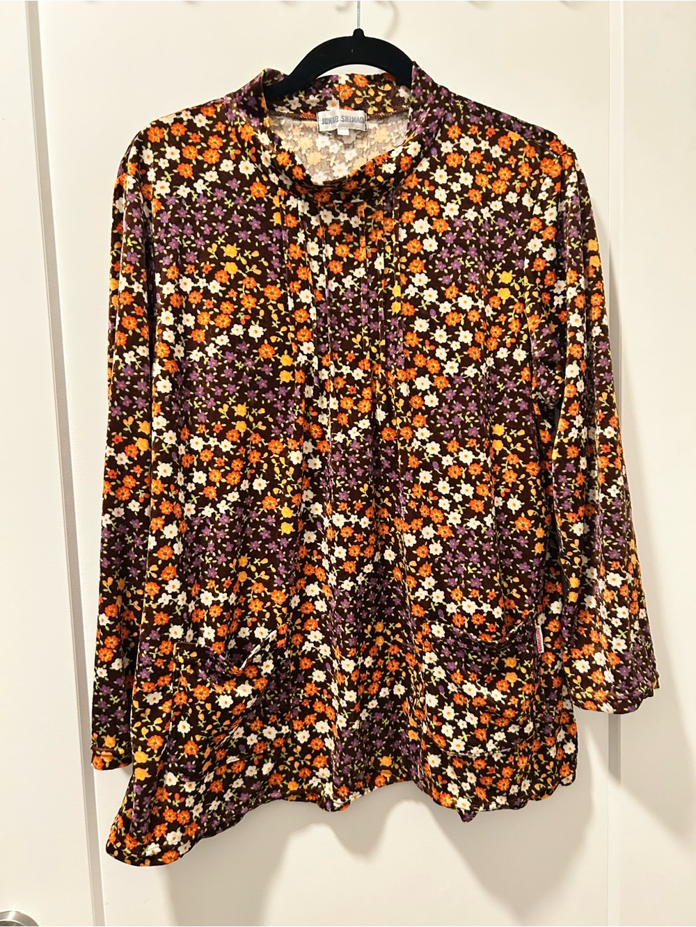 JUNKO SHIMADA Vintage 70s Style Ditsy Floral Mock Neck Tunic Top with pockets